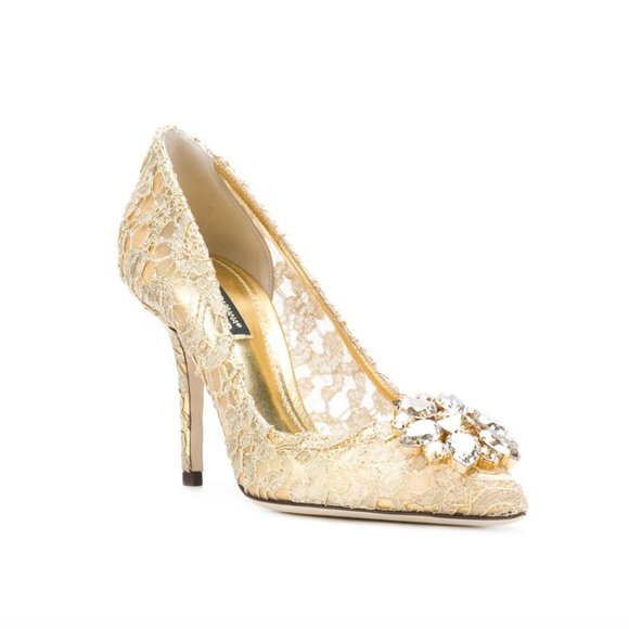 Dolce & Gabbana Shoes - Dolce & Gabbana Gold Lace Belluci Pumps Crystal Brooch 40